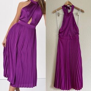 Totally Charming Purple Satin Pleated Halter Midi Dress